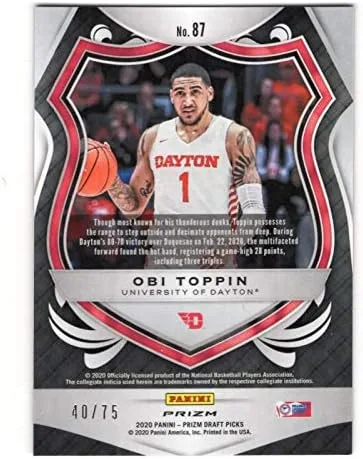 Vista 2 de 2020-21 PANINI PRIZM DRAFT PICKS PRIZMS PURPLE #87 OBI TOPPIN /75 DAYTON FLYERS NEW YORK KNICKS