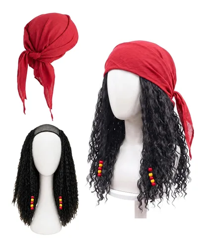 Vista 8 de Juego de 2 piezas de peluca pirata y bandana para hombres y mujeres