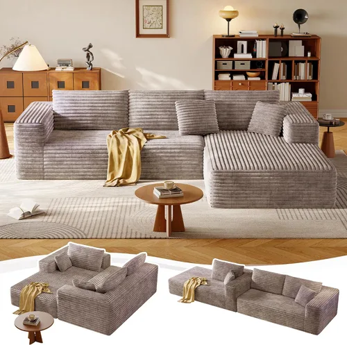 Vista 10 de Sofá Seccional Modular de 108.2" con Asiento Profundo, Sofá de Pana en Forma de L sin Estructura, Comodidad Moderna, Sofá Nube de Gran