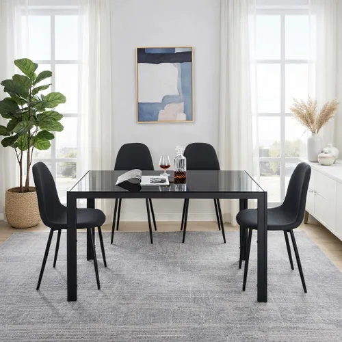 Vista 16 de Juego de sillas de comedor de 6 piezas, cuero sintético negro moderno, respaldo alto tapizado, marco de acero, cocina cómoda, muebles de comedor