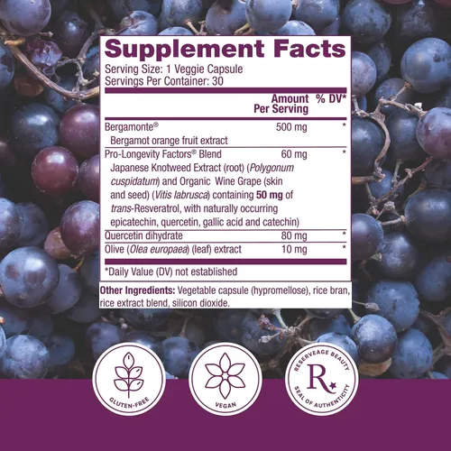 Vista 2 de Reserveage Beauty, soporte de colesterol de bergamota con resveratrol, suplemento antioxidante para apoyo cardiovascular y salud cardíaca, vegano