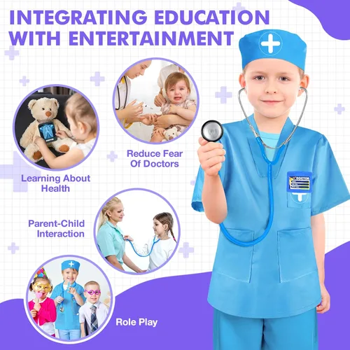 Vista 5 de IVENRXIU Kit de médico para niños, 17 piezas de juego médico con bolsa y disfraz para niños pequeños de 3 a 5 años, juguetes de juego de simulación