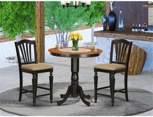 Vista 2 de East West Furniture JACH3-BLK-C - Juego de mesa de comedor de 3 piezas de altura de mostrador contiene una mesa redonda de madera con pedestal y 2