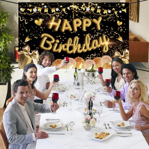 Vista 5 de Cartel de fondo de feliz cumpleaños extra grande de tela negro dorado cartel cartel fondo de cabina de fotos para hombres mujeres cumpleaños