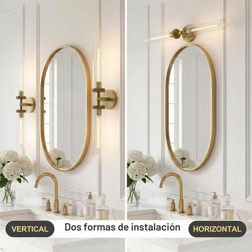 Vista 3 de Lámparas de Pared de Latón Dorado de 2 Luces con Textura Estriada, Lámparas de Pared de Vidrio Doble de 30 Pulgadas, Lámparas de Pared para Tocador