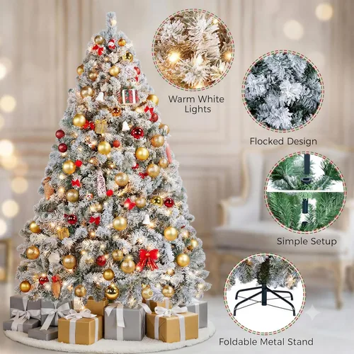 Vista 5 de Yaheetech - Árbol artificial de Navidad de 6 pies con flecos nevados preiluminado con 250 luces blancas cálidas, 820 puntas de ramas exuberantes