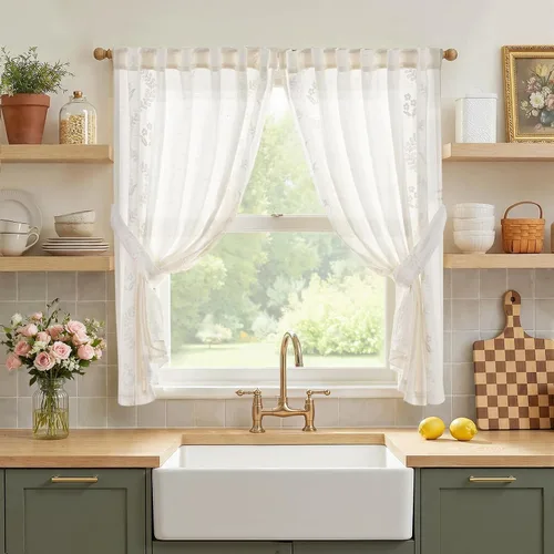 Vista 16 de jinchan Cortinas de lino floral beige para cocina, 24 pulgadas, 2 paneles A Beige
