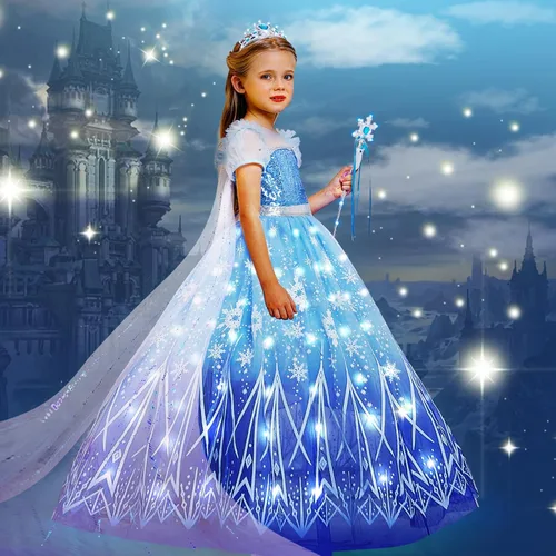 Vista 2 de Disfraz de Halloween iluminado para niñas, vestido de princesa de nieve, disfraz de Navidad de hielo con accesorios, azul