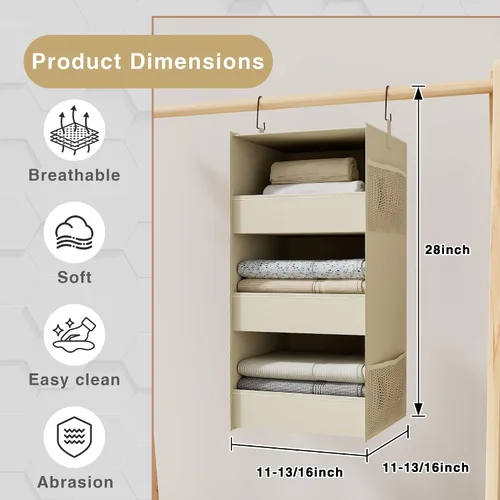 Vista 3 de Organizador y almacenamiento de armario colgante de 3 estantes, estantes plegables colgantes para armario, diseño de borde frontal, almacenamiento