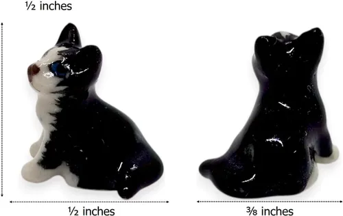 Vista 3 de WitnyStore Figura pequeña de esmoquin blanco y negro de pelo corto de gato sentado y mirar hacia arriba, miniatura hecha a mano, gatos de cerámica