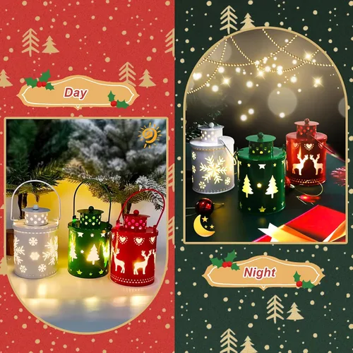 Vista 6 de YBB Juego de 3 linternas decorativas de Navidad, linternas de vela sin llama, operadas por batería, colgantes, de metal, con LED, para centro