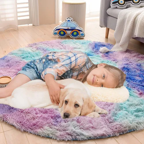 Vista 6 de A Nice Night Alfombra Redonda Azul Púrpura – Alfombra Circular Esponjosa Tie Dye de 5'X5' para Niños, Adolescentes y Habitación de Bebé, Alfombra