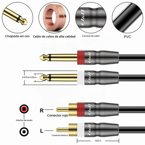 Vista 2 de J&D Cable dual TS de 1/4 de pulgada a RCA dual, adaptador resistente de 1/4 macho a RCA macho, cable de interconexión de audio estéreo de un cuarto