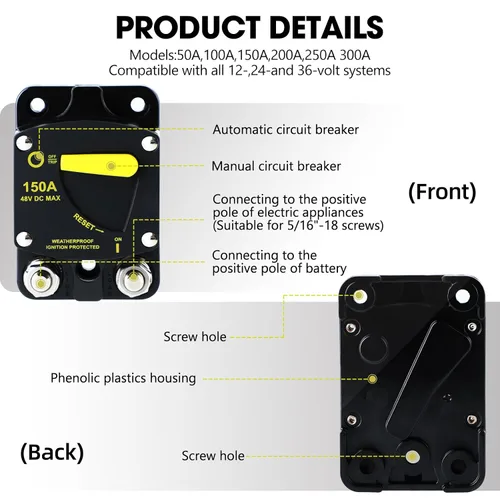 Vista 4 de Erayco Disyuntor de 50 amperios de 12 V a 48 V CC para motor de arrastre de barcos, vehículos de remolque de ATV marinos, audio estéreo, batería