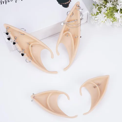 Vista 5 de FRESHME Juego de orejas de elfo Pixie con piercings para cosplay, orejas de elfo puntiagudas y cadenas de ángel negro, aretes de orejas de elfo