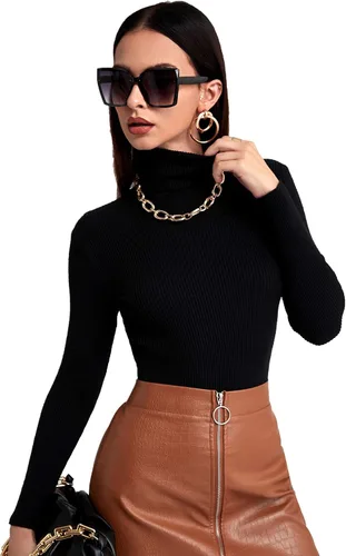 Vista 4 de SweatyRocks Suéter de punto acanalado de manga larga con cuello alto para mujer