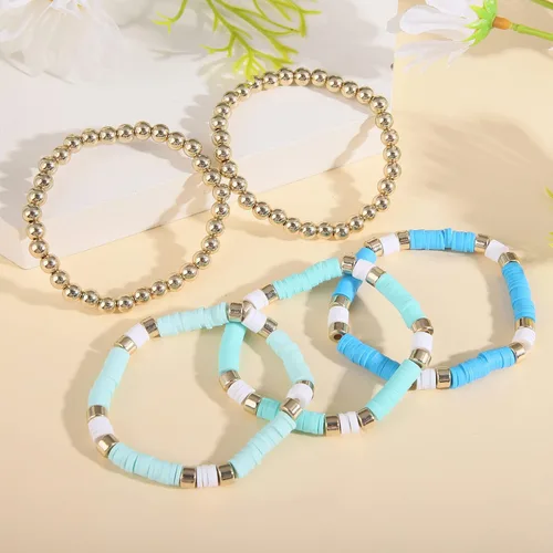 Vista 3 de Wonlte - Juego de pulseras de cuentas de arcilla Heishi, pulseras elásticas apilables con cuentas de mal de ojo, pulseras elásticas apilables