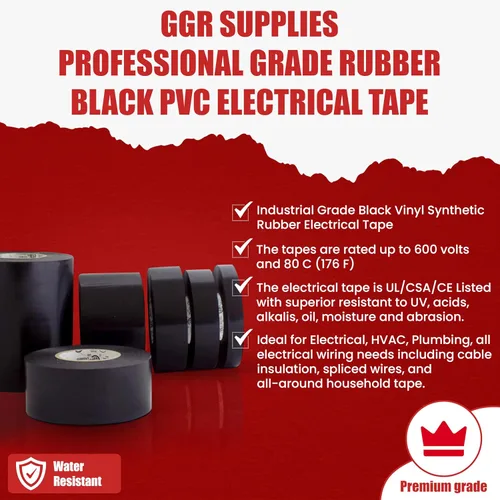 Vista 2 de GGR Supplies T.R.U. EL7566-AW, cinta adhesiva de grado profesional de PVC de goma negra, con clasificación hasta 600 voltios y 176 °F - UL/CSA/CE