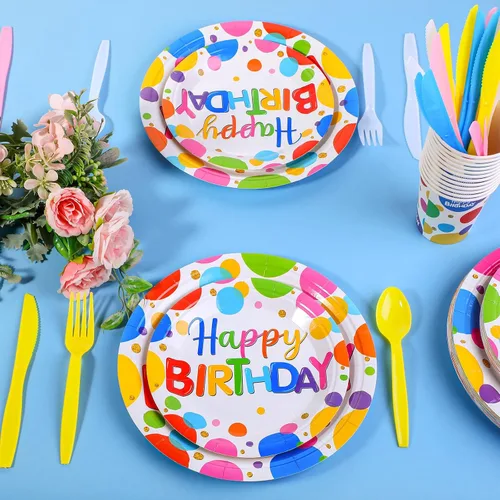 Vista 4 de Meanplan Sirve a 24 invitados con platos y servilletas de cumpleaños arcoíris con lunares, juego de vajilla de cumpleaños de lunares arcoíris