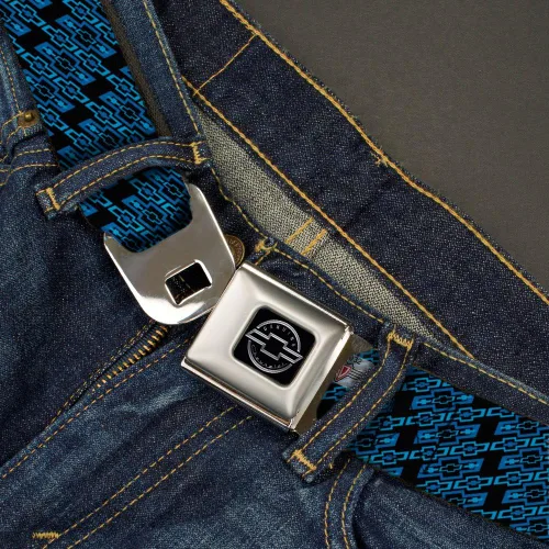 Vista 2 de Buckle-Down Seatbelt Belt - Diagonal Retro Chevy Bowtie Monogram BlackBlues - 1.0" Wide - 20-36 Inches in Length