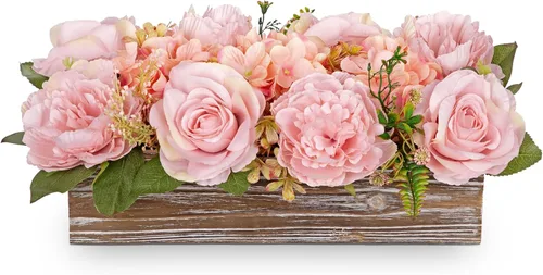 Vista 8 de DILATATA Arreglo floral con jarrón de madera, flores artificiales de 10 pulgadas en maceta, flores falsas en jarrón rectangular de madera blanco
