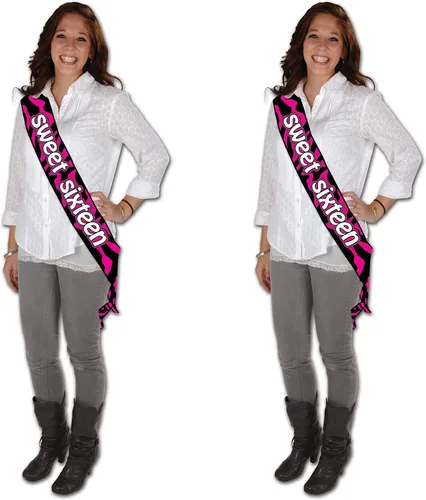 Vista 4 de Beistle Sweet Sixteen - Banda de satén – Magenta y negro para cumpleaños para adolescentes – Talla única para la mayoría de adultos con parte