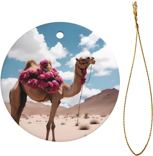 Vista 2 de Beautiful Camel Round Ceramic Pendant with Hole and Gold Rope for Christmas and New Year Hanging Decoration at Home