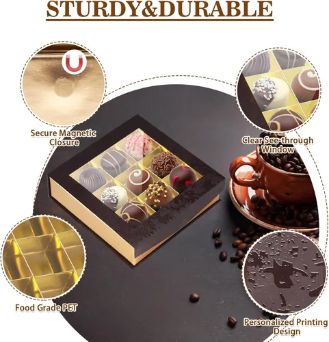 Vista 2 de Bumlon Cajas de chocolate vacías, cajas de trufas con divisores, caja de chocolate con ventana y cierre magnético para chocolate hecho a mano, mini