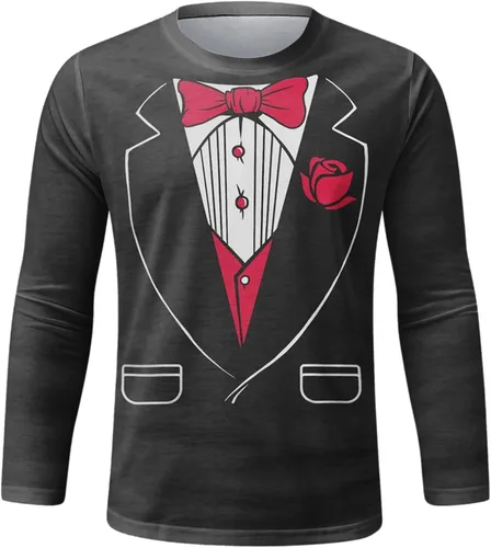 Vista 2 de Camisas feas de Navidad para hombre, traje divertido impreso, novedoso, camisa de esmoquin con cuello redondo, manga larga, fitness, atlético
