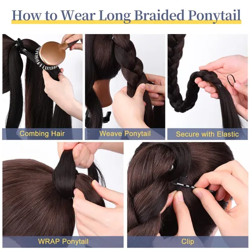 Vista 5 de YOGFIT 2 extensiones de cola de caballo trenzadas, extensiones de cabello largo y lacio envolvente, extensiones de cabello sintético suave natural