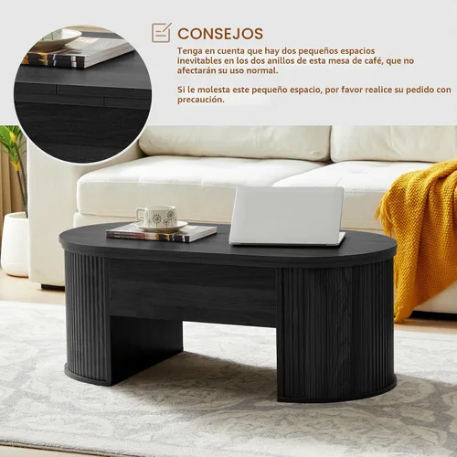 Vista 6 de QHITTY Mesa de Centro de Café Acanalada con Tapa Elevable, Mesa de Centro de Café Ovalada de Madera con Tapa Elevable y Compartimento Oculto, Mesas