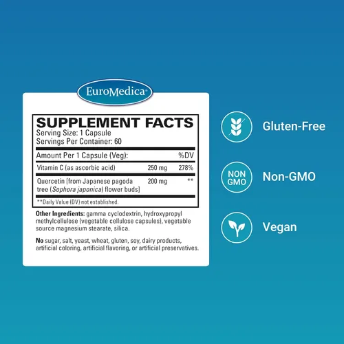 Vista 2 de EuroMedica Quercetina Plus Vitamina C – Apoya la respuesta saludable a la histamina y la salud respiratoria – Suplemento dietético para el apoyo