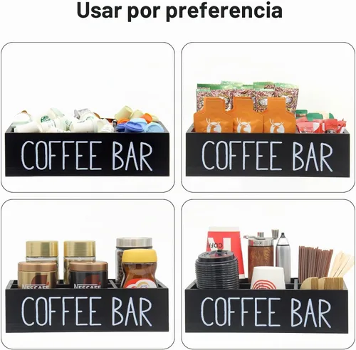 Vista 5 de Bokelai Organizador de barra de café, negro, almacenamiento de accesorios de encimera de madera Removable Dividers, Disposable Cup Holder, Pods