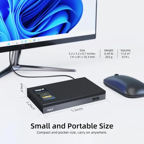 Vista 5 de MeLE Quieter3C Mini PC sin ventilador, Celeron N5100, 8 GB de RAM, 256 GB de almacenamiento USB-C de función completa, WiFi 5, soporte de pantalla