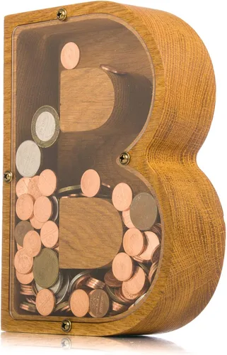 Vista 7 de Alcancía de madera personalizada con letra para niños, niñas y adultos, bancos de monedas de madera de roble duradero, 3 tamaños para elegir
