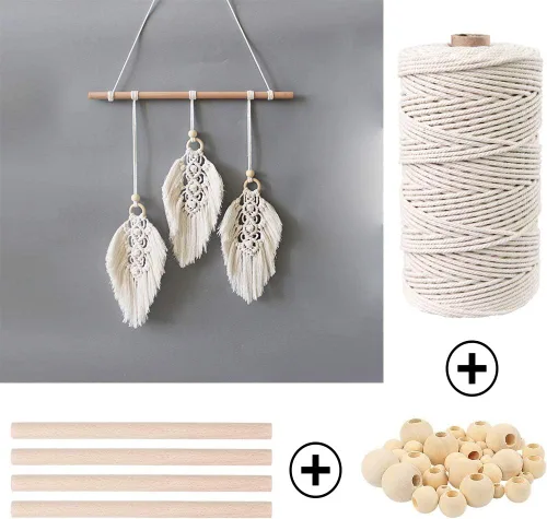 Vista 6 de Kits de macramé de 119 piezas para principiantes de 0.118 in x 109 yardas, cuerda de macramé de algodón natural con 100 cuentas de madera, 10