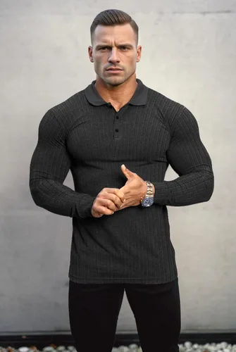 Vista 2 de Camisas elásticas musculares para hombre, de manga largacorta, camisetas de algodón ajustadas
