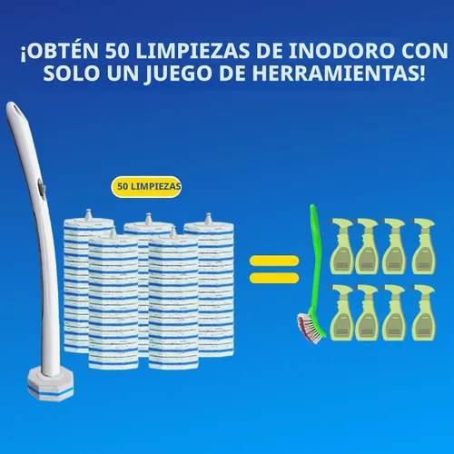 Vista 5 de Sistema de Cepillo de Limpieza Desechable para Inodoro con 50 uds. de Almohadillas de Repuesto Cabezales, Varilla de Limpieza para Inodoro, Kit