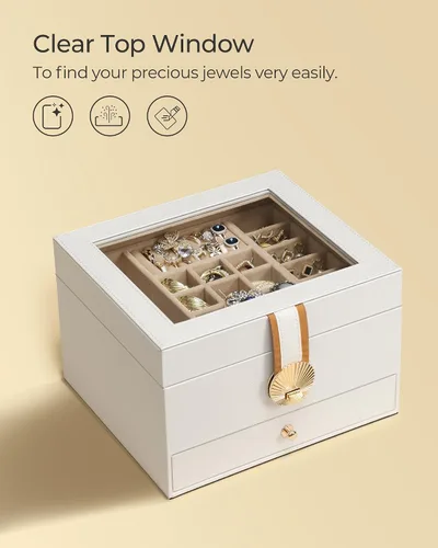 Vista 3 de Hzuaneri Joyero de 3 capas, 1 soporte individual para joyas, 1 cajón, organizador de joyas con tapa de vidrio, estuche de joyería de piel sintética