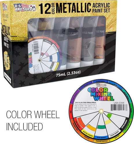 Vista 5 de U.S. Art Supply Juego de pintura acrílica metálica profesional, 12 colores metálicos ricos, tubos de 2.4 onzas líquidas, pintura artesanal