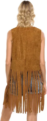 Vista 3 de GOLDSTITCH Conjunto de disfraz hippie para mujer, chaleco con borlas de gamuza sintética, chaleco con flecos frontales abiertos