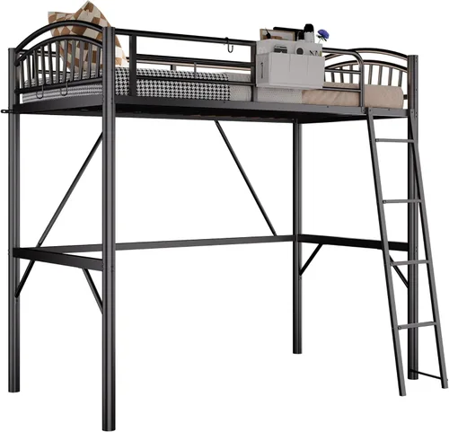 Vista 7 de Decofy - Cama elevada de metal tamaño individual, cama elevada con cajón lateral, escalera convertible y barandillas de seguridad de longitud