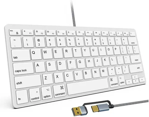 Vista 9 de Teclado con cable ultradelgado para Apple Mac, cable de conversión USB y tipo C, 78 teclas de tijera, teclas de acceso rápido multimedia, compatible