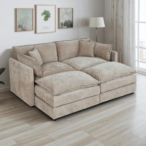 Vista 22 de Setawix Sofá Profundo de 3 Plazas con Otomana, Sofás de Nube en Forma de L de 112.2" para Sala de Estar, Sofá de Nube de Chenilla con Asiento Café