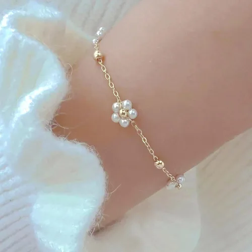 Vista 3 de Pulsera de oro para mujer, chapada en oro de 14 quilates, con cuentas de margaritas y perlas de tenis, joyería simple