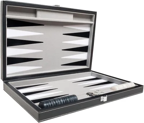 Vista 4 de Juego de backgammon de viaje de cuero sintético, campo de terciopelo con incrustaciones, 15 pulgadas, color negro
