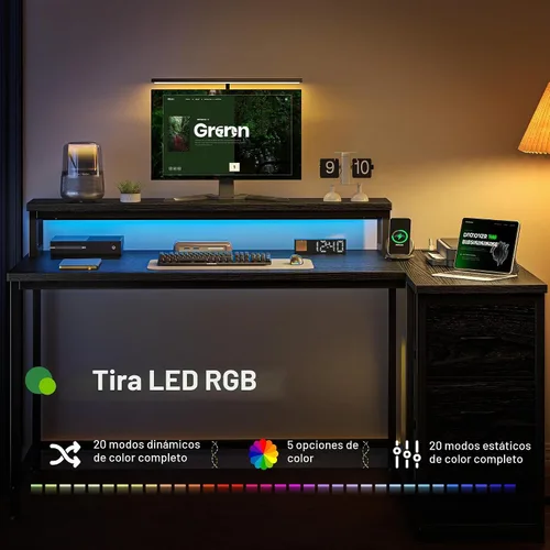 Vista 4 de EnHomee Escritorio para juegos en forma de L con luces LED y toma de corriente, escritorio de computadora de 40 pulgadas con cajones, escritorio