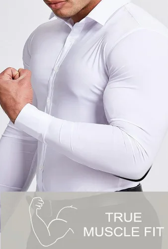 Vista 3 de Camisas de vestir para hombre, atléticas, ajustadas, de manga larga, elásticas, casuales, con botones