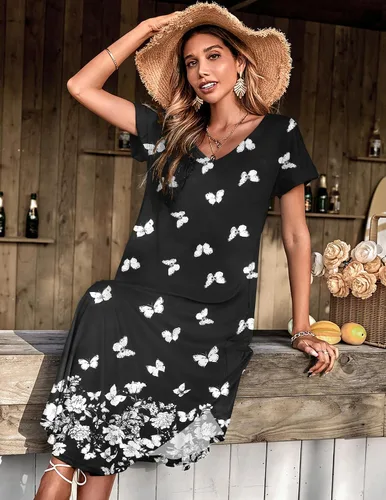 Vista 2 de Ekouaer - Camisones para mujer, diseño suave, largo, con cuello en V y manga corta, ropa de dormir con bolsillos y aberturas laterales, tallas