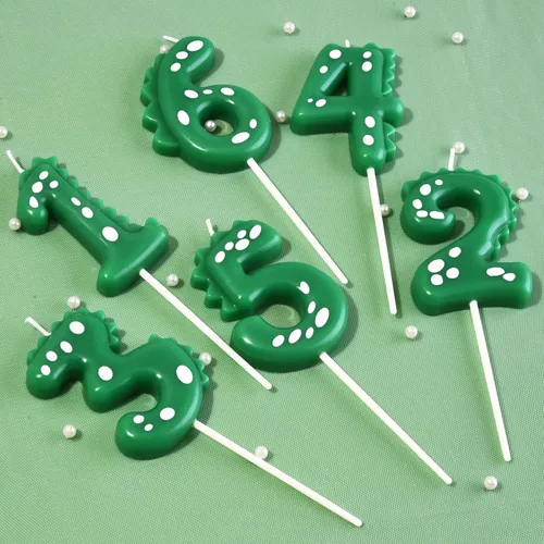 Vista 4 de PHD CAKE Velas de cumpleaños de 7.01 cm de dinosaurio verde con números del 5, velas de dinosaurio con números, velas de número para pastel